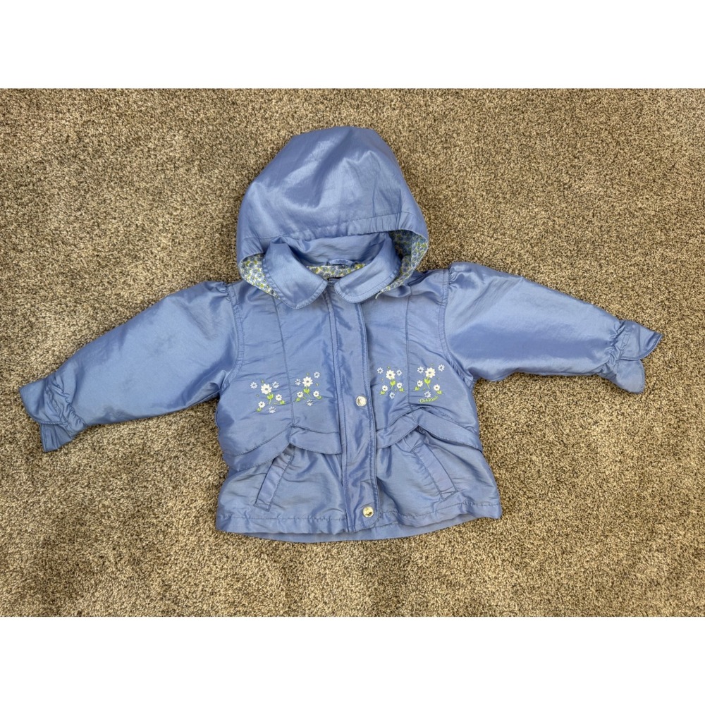 Vintage Y2K OshKosh B'Gosh Baby Girl Blue Floral Embroidered Hooded Jacket 24M